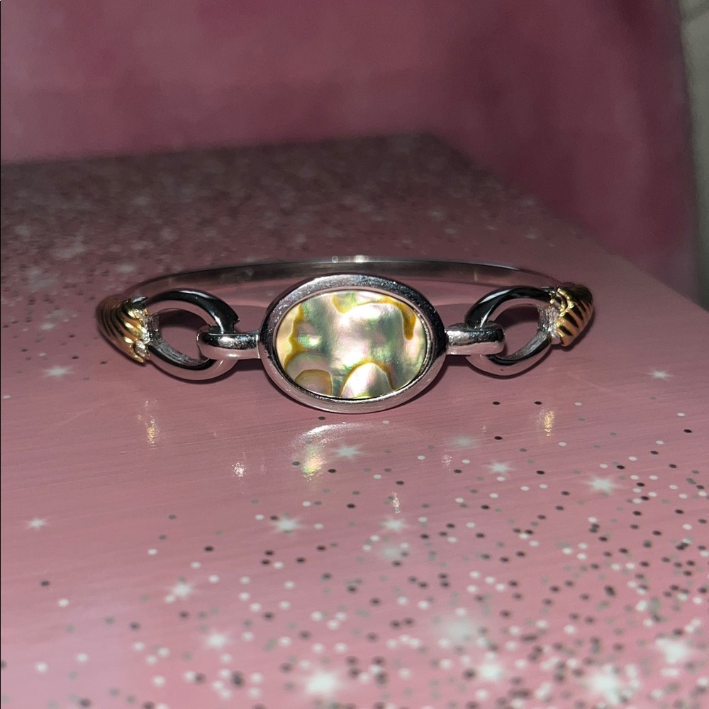 Avon Vintage Silver, Gold Tone Abalone Hinged Bangle Bracelet
